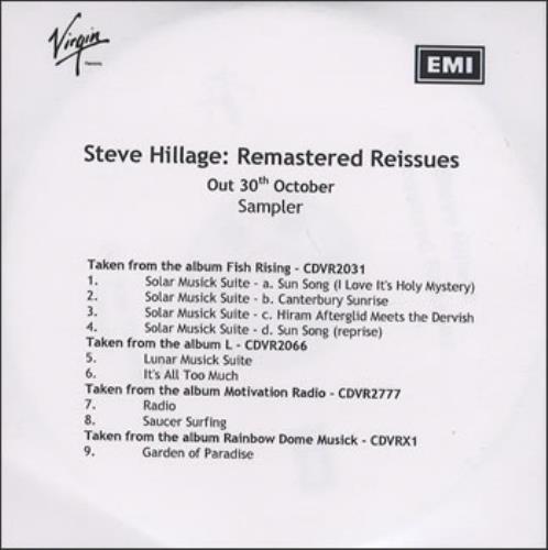 Steve Hillage Remastered Reissues Sampler CD-R acetate UK LLGCRRE379873