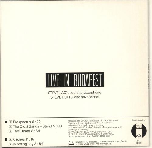 Steve Lacy Live In Budapest vinyl LP album (LP record) German LCYLPLI707892