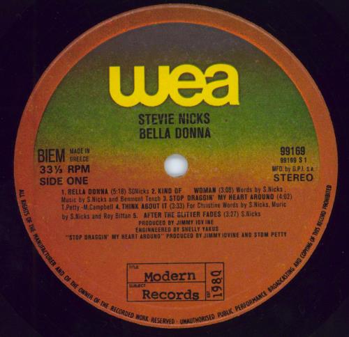 Stevie Nicks Bella Donna vinyl LP album (LP record) Greek NICLPBE785248