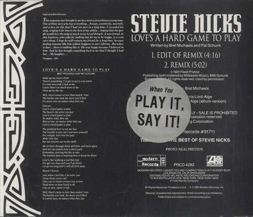 Stevie Nicks Love's A Hard Game To Play CD single (CD5 / 5") US NICC5LO23155