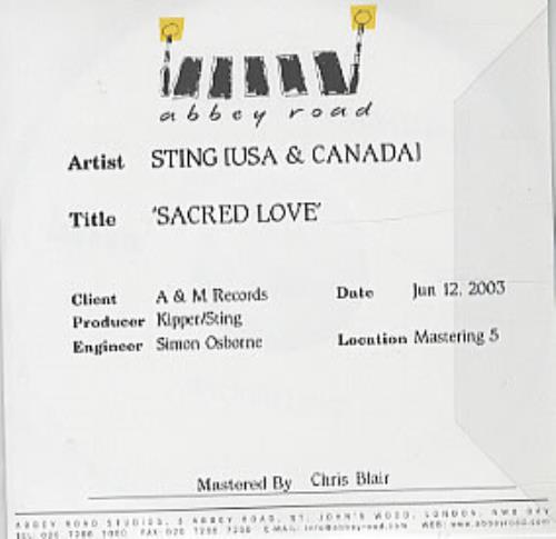 Sting Sacred Love CD-R acetate UK STICRSA317309