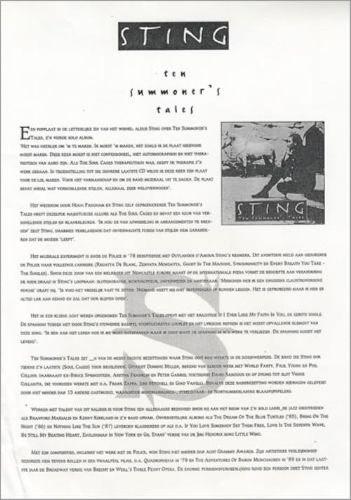 Sting The Summoner's Tales media press pack Dutch STIPPTH410157