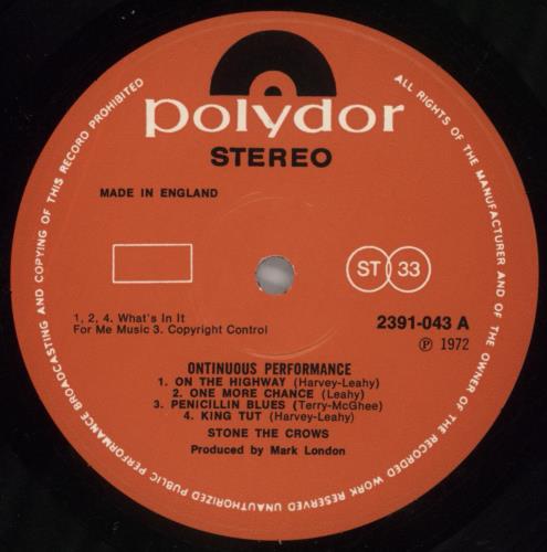 Stone The Crows Ontinuous Performance vinyl LP album (LP record) UK SNELPON591733