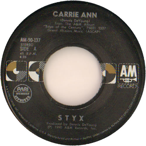 Styx Carrie Ann 7" vinyl single (7 inch record / 45) Philippino STX07CA638466