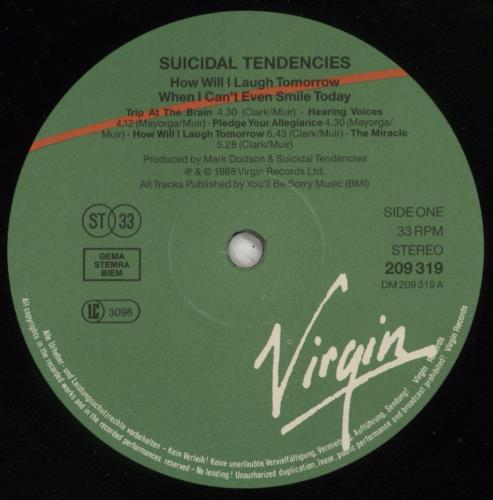 Suicidal Tendencies How Will I Laugh Tomorrow When I Can't Even Smile Today - EX vinyl LP album (LP record) German SUILPHO866270