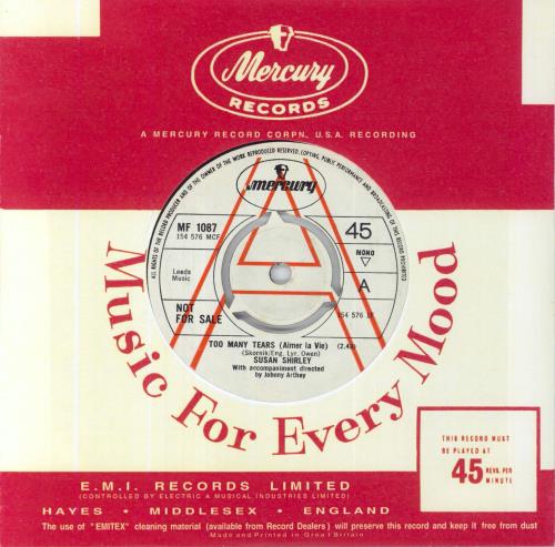 Susan Shirley Too Many Tears 7" vinyl single (7 inch record / 45) UK S5L07TO850038