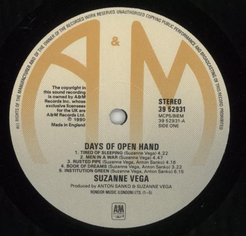 Suzanne Vega Days Of Open Hand - EX + Hype Sticker vinyl LP album (LP record) UK VEGLPDA142621