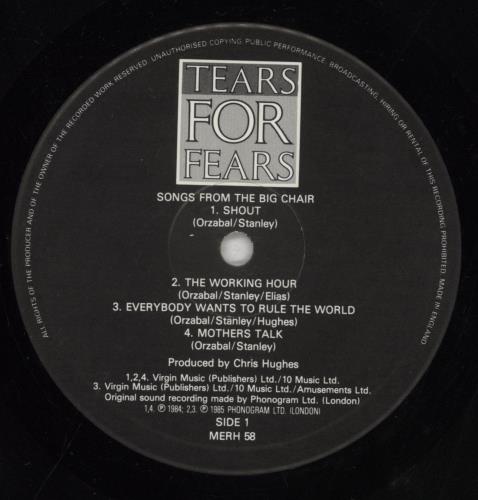 Tears For Fears Songs From The Big Chair - VG + Inner vinyl LP album (LP record) UK TFFLPSO854037