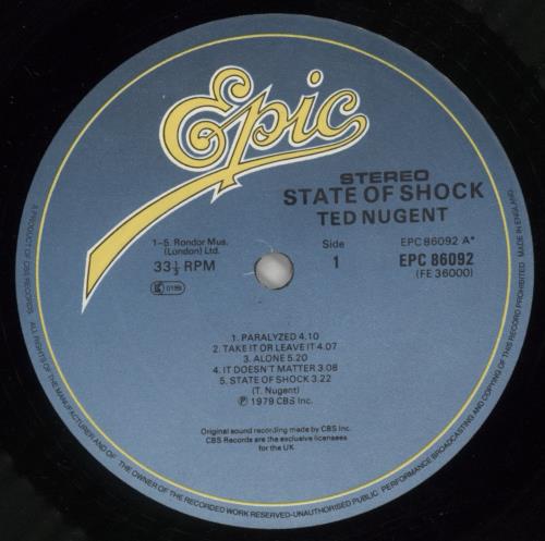 Ted Nugent State Of Shock vinyl LP album (LP record) UK TEDLPST872084