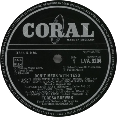 Teresa Brewer Don't Mess With Tess vinyl LP album (LP record) UK BR-LPDO615964