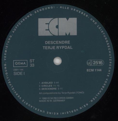 Terje Rypdal Descendre vinyl LP album (LP record) German VGRLPDE773175