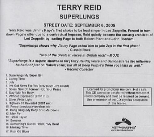 Terry Reid Superlungs CD-R acetate US YEICRSU337424