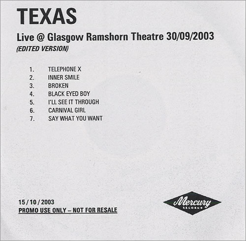 Texas Live At Glasgow Ramshorn Theatre 30/09/2003 CD-R acetate UK TEXCRLI484882