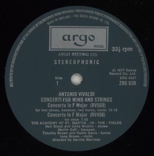 The Academy Of St. Martin-In-The-Fields Vivaldi: Concerti for Wind and Strings vinyl LP album (LP record) UK U0ELPVI536893