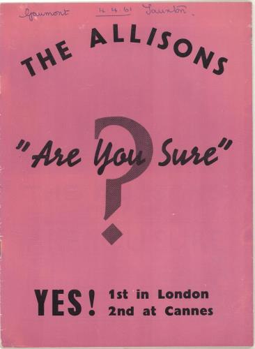 The Allisons Are You Sure ? tour programme UK AOZTRAR688769