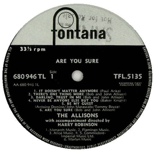 The Allisons Are You Sure - Factory Sample vinyl LP album (LP record) UK AOZLPAR452701
