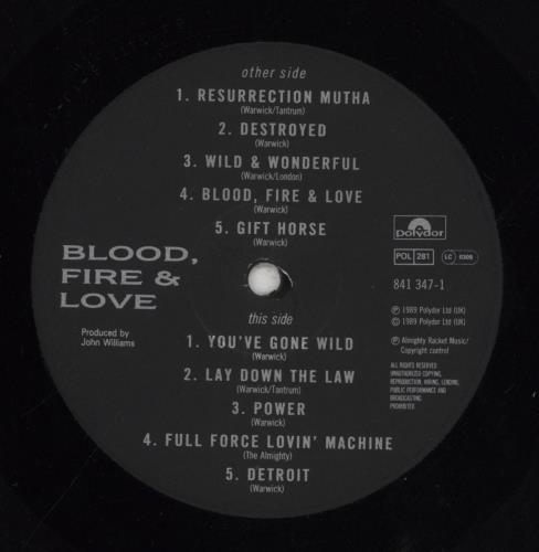 The Almighty Blood Fire & Love vinyl LP album (LP record) UK AMTLPBL75326