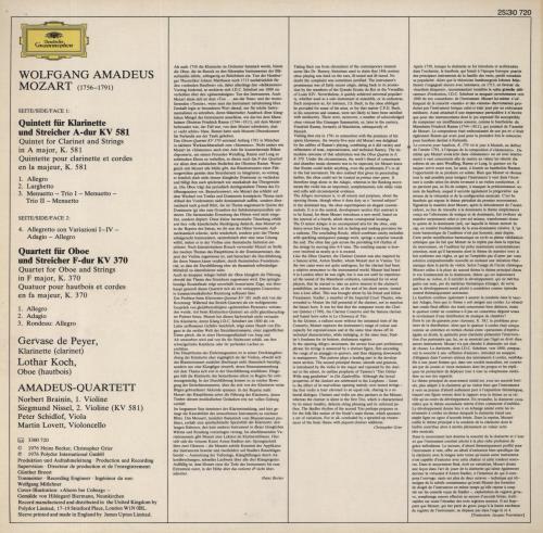 The Amadeus String Quartet Mozart: Quintet for Clarinet & Strings / Quartet for Oboe & Strings vinyl LP album (LP record) UK XYGLPMO675992