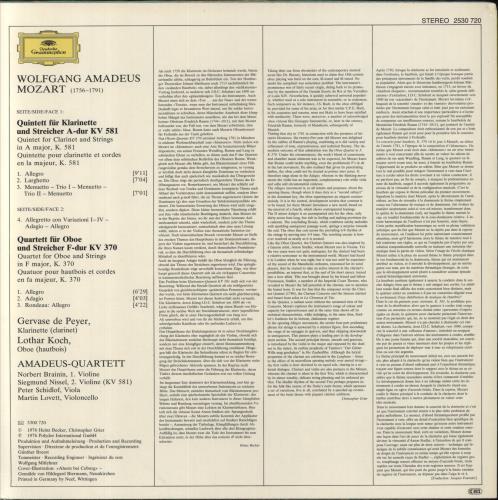The Amadeus String Quartet Mozart: Quintet for Clarinet & Strings / Quartet for Oboe & Strings vinyl LP album (LP record) German XYGLPMO852752