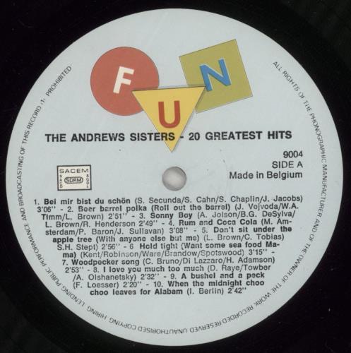 The Andrews Sisters 20 Greatest Hits vinyl LP album (LP record) Belgian ADZLPGR890191
