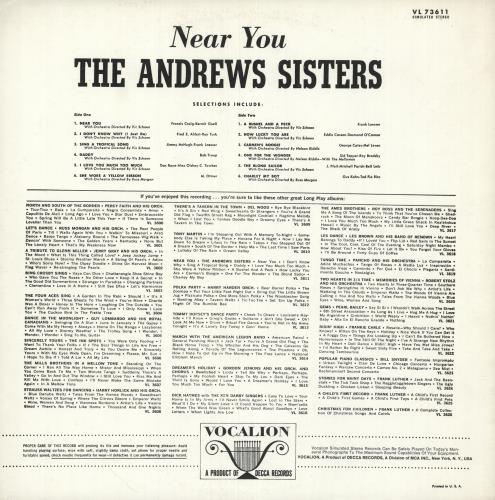 The Andrews Sisters Near You. . . vinyl LP album (LP record) US ADZLPNE747419