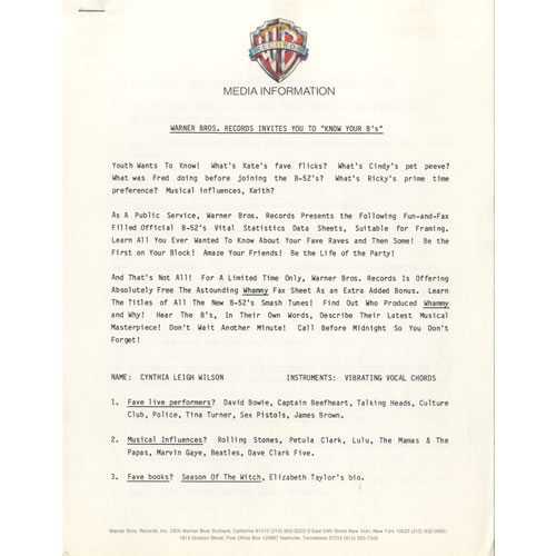 The B-52's Whammy media press pack US B52PPWH141558