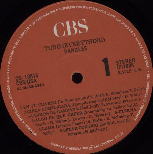 The Bangles Todo [Everything] vinyl LP album (LP record) Venezuelan BGLLPTO676475