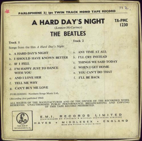 The Beatles A Hard Day's Night - Reel-to-reel Tape - Mono - Boxed Reel to Reel UK BTLRRAH68385