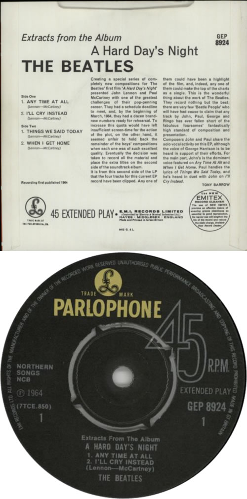 The Beatles A Hard Day's Night EP No. 2 - EMI Records 7" vinyl single (7 inch record / 45) UK BTL07AH280703