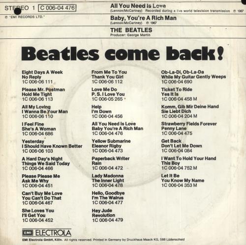 The Beatles All You Need Is Love - VG/EX 7" vinyl single (7 inch record / 45) German BTL07AL741699