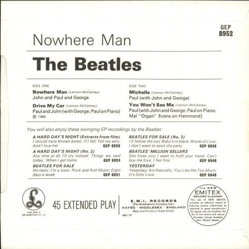 The Beatles Nowhere Man EP - 80s Issue - Solid 7" vinyl single (7 inch record / 45) UK BTL07NO749754