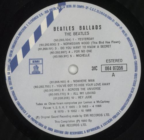 The Beatles The Beatles Ballads vinyl LP album (LP record) Brazilian BTLLPTH851874