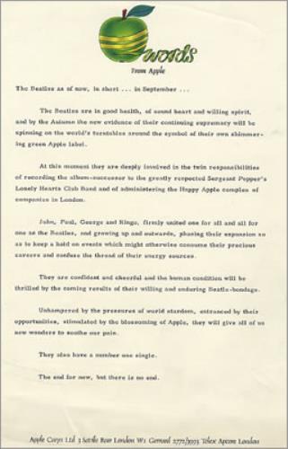 The Beatles Words From Apple - September 1968 memorabilia UK BTLMMWO351995
