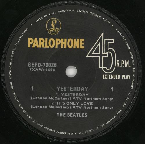 The Beatles Yesterday EP 7" vinyl single (7 inch record / 45) Australian BTL07YE736581