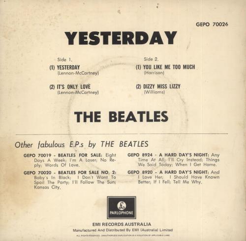 The Beatles Yesterday EP 7" vinyl single (7 inch record / 45) Australian BTL07YE736581