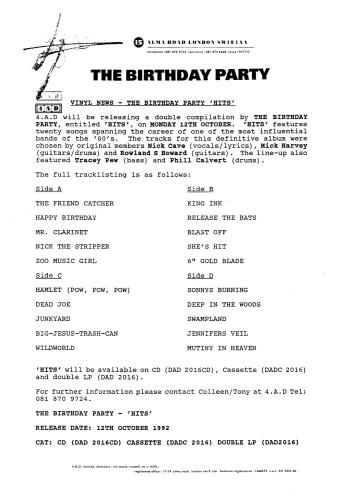 The Birthday Party Hits 2-LP vinyl record set (Double LP Album) UK TBP2LHI652011