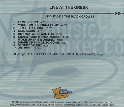 The Black Crowes Live At The Greek 2 CD album set (Double CD) US CRW2CLI154826