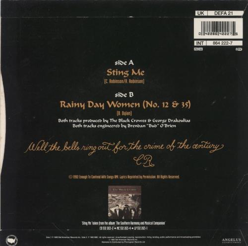 The Black Crowes Sting Me 7" vinyl single (7 inch record / 45) UK CRW07ST188993