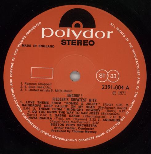 The Boston Pops Orchestra Encore (Fiedler's Greatest Hits) vinyl LP album (LP record) German BP0LPEN874399