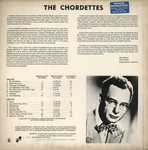 The Chordettes All The Very Best Of The Chordettes vinyl LP album (LP record) New Zealand VJ-LPAL875942