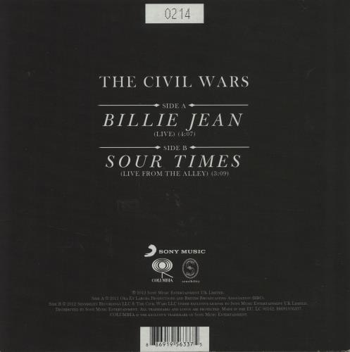 The Civil Wars Billie Jean - RSD12 + Numbered Sleeve 7" vinyl single (7 inch record / 45) UK VKN07BI620946