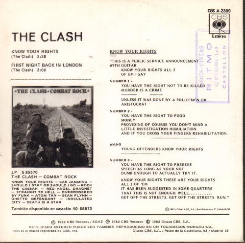 The Clash Know Your Rights 7" vinyl single (7 inch record / 45) Spanish CSH07KN652086