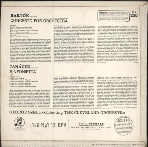 The Cleveland Orchestra Bart�k: Concerto For Orchestra / Jan�cek: Sinfonietta vinyl LP album (LP record) UK WYJLPBA786092