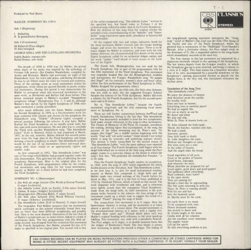The Cleveland Orchestra Mahler: Symphony No. 4 vinyl LP album (LP record) UK WYJLPMA658885