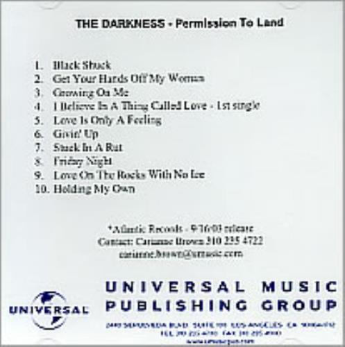 The Darkness Permission To Land CD-R acetate US D/KCRPE281611