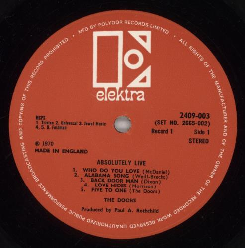 The Doors Absolutely Live - 1st - VG 2-LP vinyl record set (Double LP Album) UK DOR2LAB704365