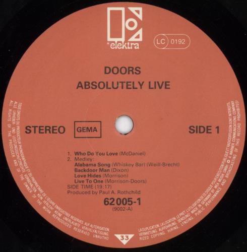 The Doors Absolutely Live - Red Label - EX 2-LP vinyl record set (Double LP Album) German DOR2LAB806268