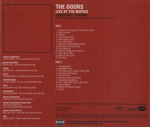 The Doors Live At The Matrix 2 CD album set (Double CD) US DOR2CLI455568