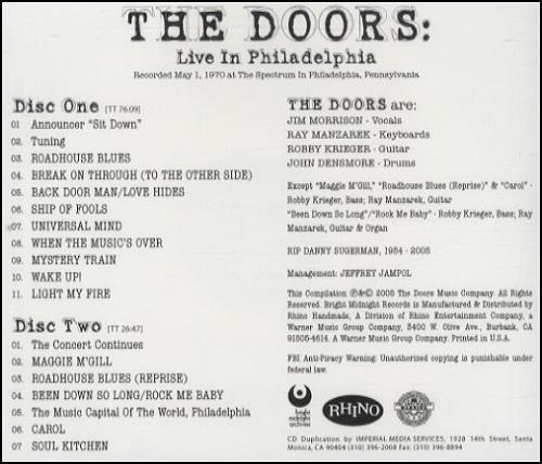 The Doors Live In Philadelphia CD-R acetate US DORCRLI432444