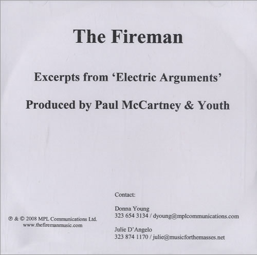 The Fireman Excerpts From Electric Arguments By Paul McCartney & Youth CD-R acetate US TFRCREX471464